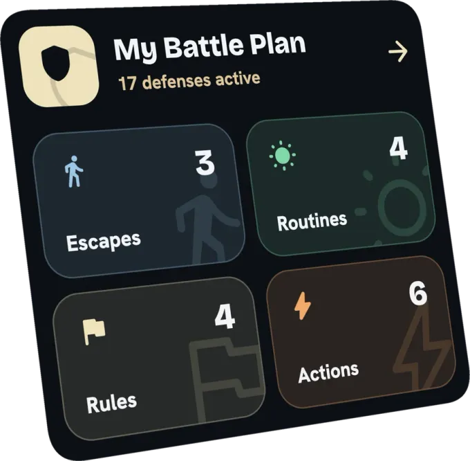 My Battle Plan card showing 17 defenses active