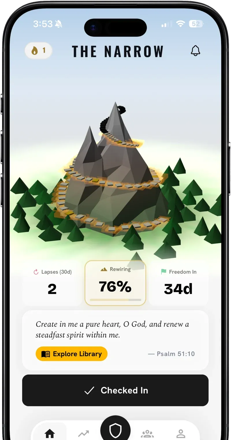 The Narrow home screen showing your streak and the mountain path
